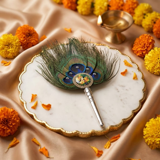 Handcrafted Morpankh Fan with Radha Krishna