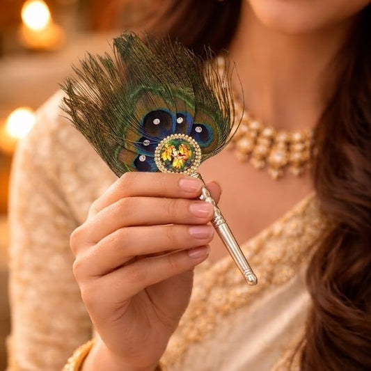 Handcrafted Mor Pankh Fan with Radha Krishna Design for Pooja Decor