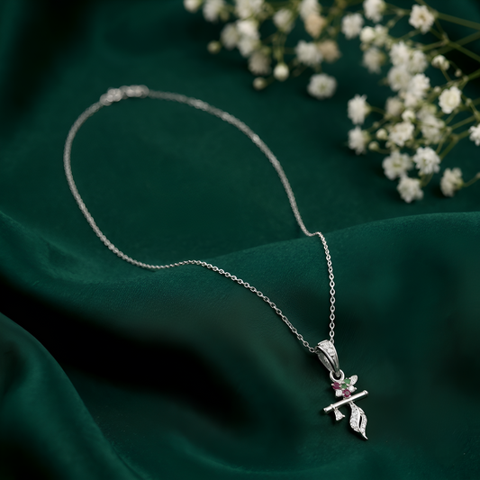 Silver Krishna Flute Pendant Flower with Multicolor Stone for Women