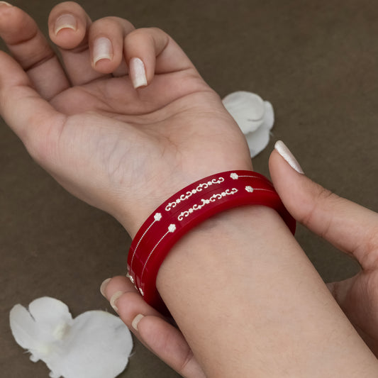 Red Bangles with Silver Floral Design