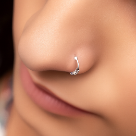 Silver Tribal Nose Ring Traditional Oxidised Nath Design