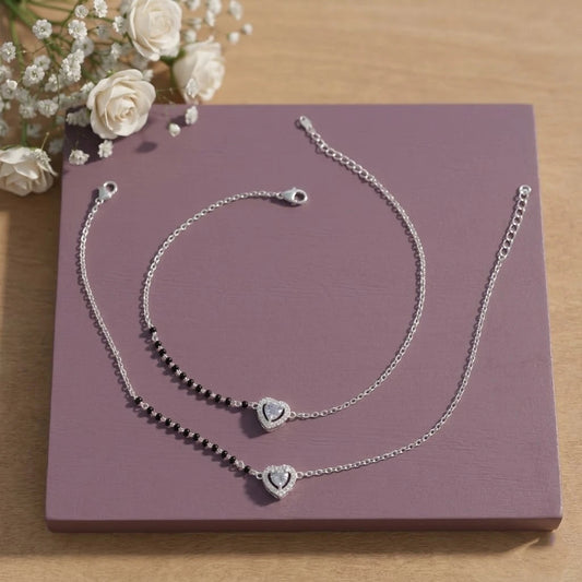 Black Bead Heart Silver Anklet Set