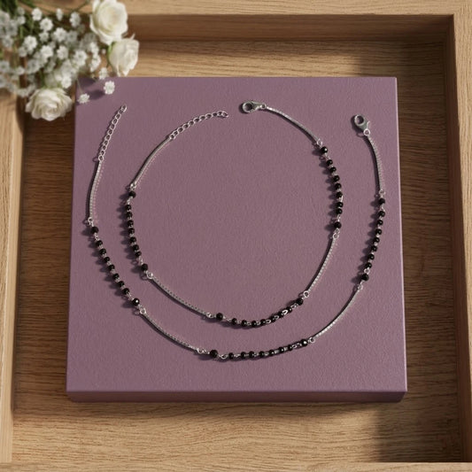 Sleek Nazariya Silver Anklet Black Beads Payal Set