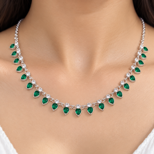 Green Heart Stone Silver Necklace for Girls & Women