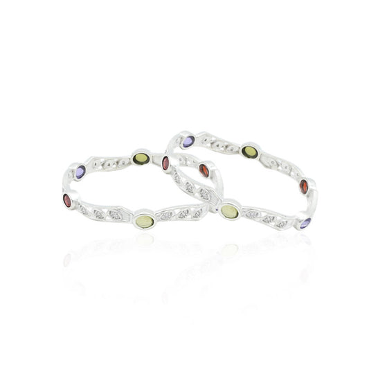 Silver bangles featuring glamorous colorful gemstone accents