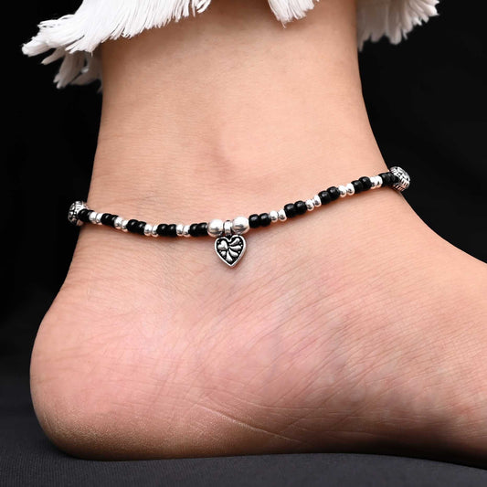 Sterling Silver and Black Beads with Plant Design Anklet for Girls