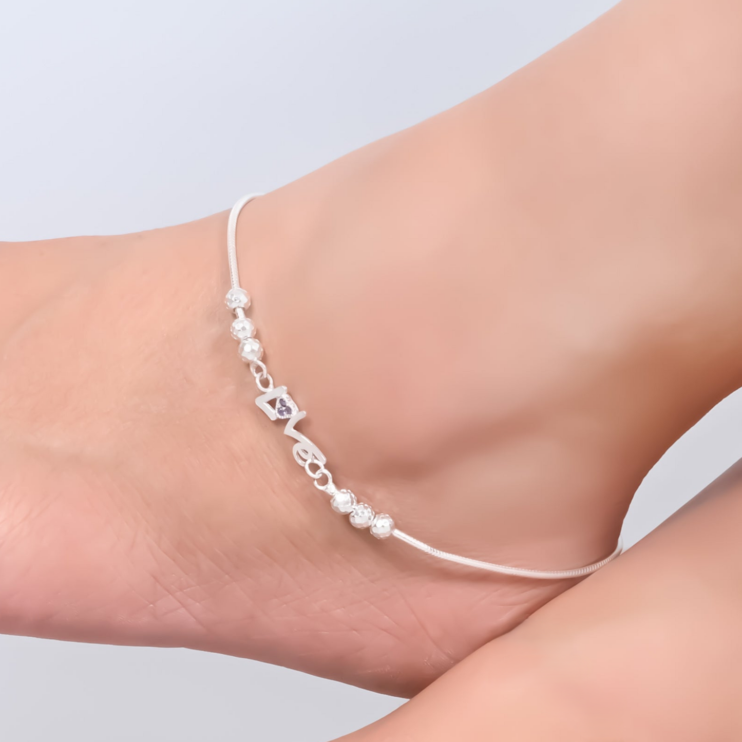 Delicate Silver Love Anklet - Designer & Lightweight for Daily Style.