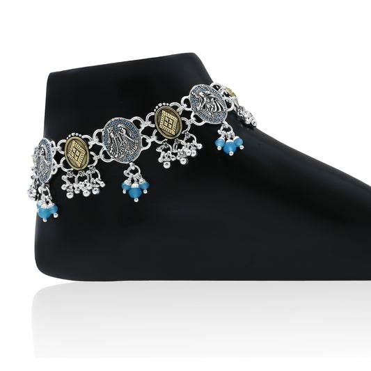 Stylish oxidized silver anklets adorned with green and pink bead accents