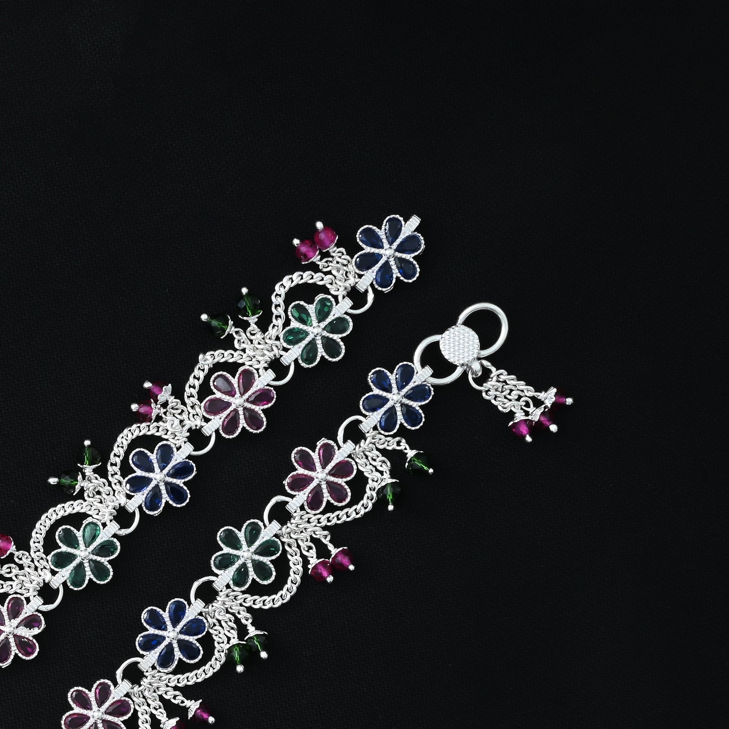 Silver payal with floral design and colourful stones
