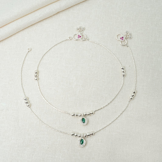 Women's Silver Anklet with Buds and Green Gem