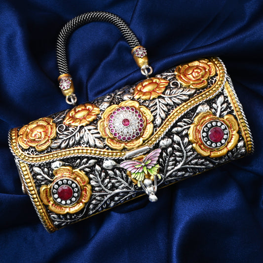Handcrafted Silver Purse with Gold Floral Engraving