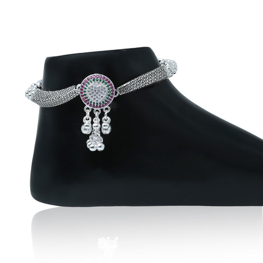 Elegant Silver Payal Featuring Heart Design and Purple-Green Stone Accents
