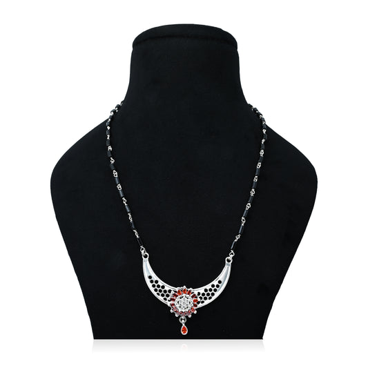 Graceful Silver Mangalasutra with Floral Pendant and Orange Gems