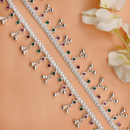 Traditional Silver Payal Anklet with Ghungroo and Colorful Diamond-Shaped Stones.