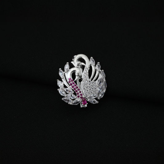 Silver Sari Pin with Two Swans and Pink Gemstones.