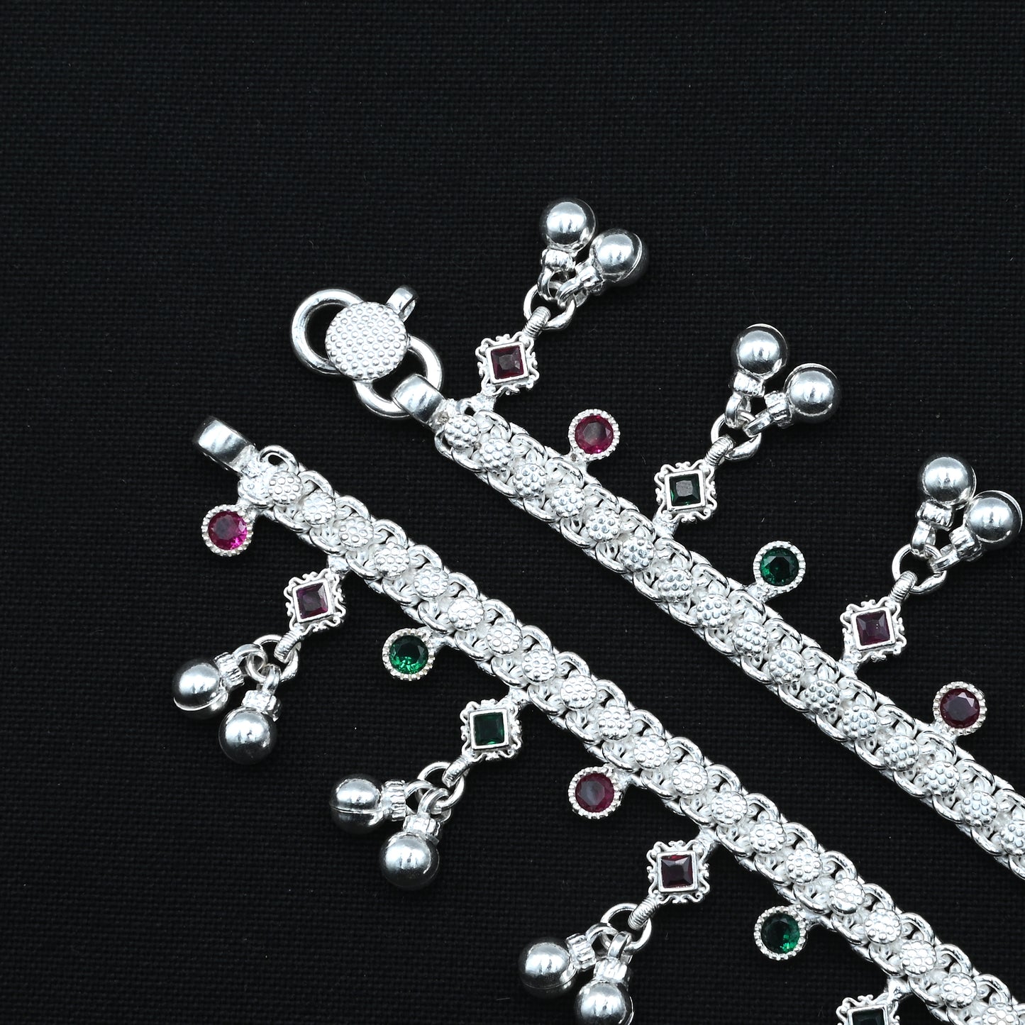 Traditional Silver Payal Anklet with Ghungroo and Colorful Diamond-Shaped Stones.