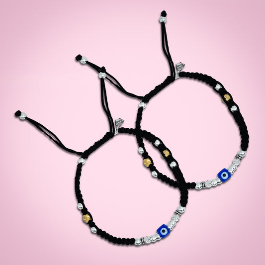 Trendy square blue evil eye silver payal with bead accents for a chic, protective look