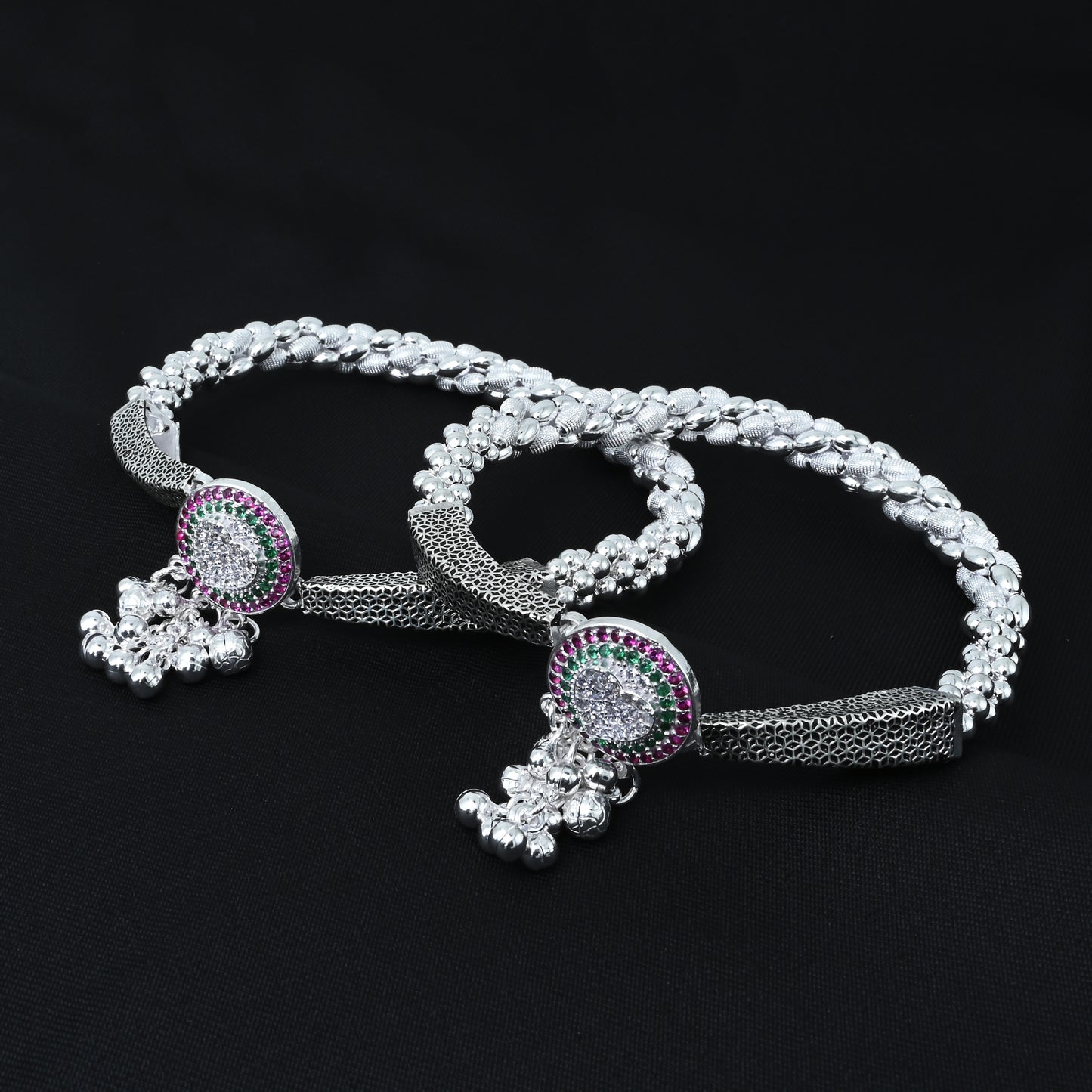 Beautiful Silver Kada Payal with Central Heart Design and Colorful Stones