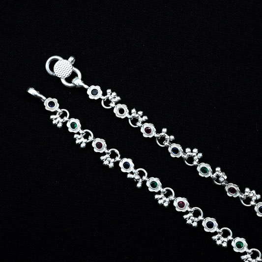 Delicate Silver Anklet Payal with Flower Buds and Colorful Center Gemstone.