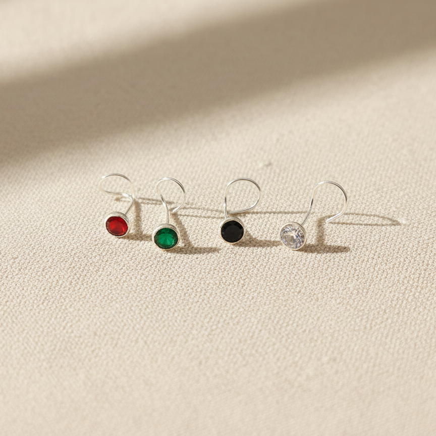 (13 Pcs ₹599 combo) Silver Nose Pin with Round Multicolour Stones