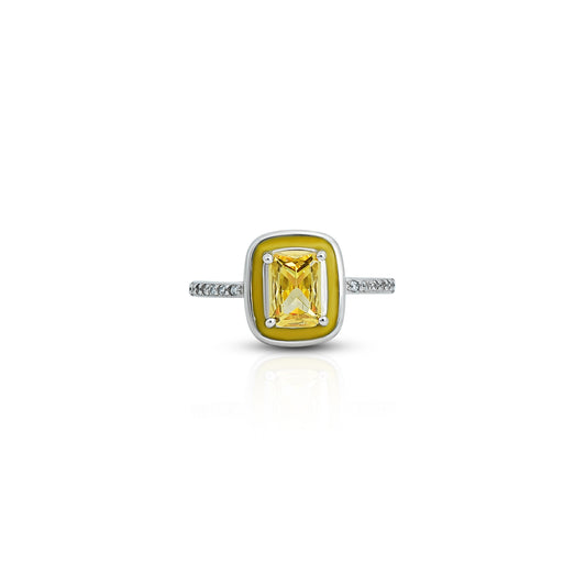 Elegant silver ring featuring a yellow rectangular gemstone for a bold look
