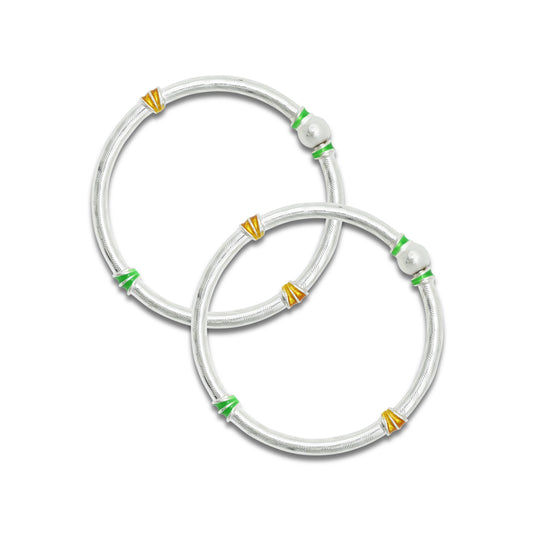 Silver Simple Kada with Green and Yellow Lining - Elegant and Colorful Bracelet