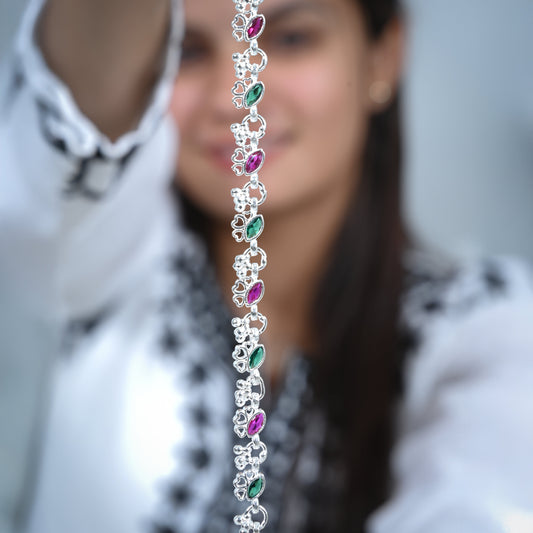 Silver Anklet with Eye-Shaped Stones and Bold Vibrant Link Design