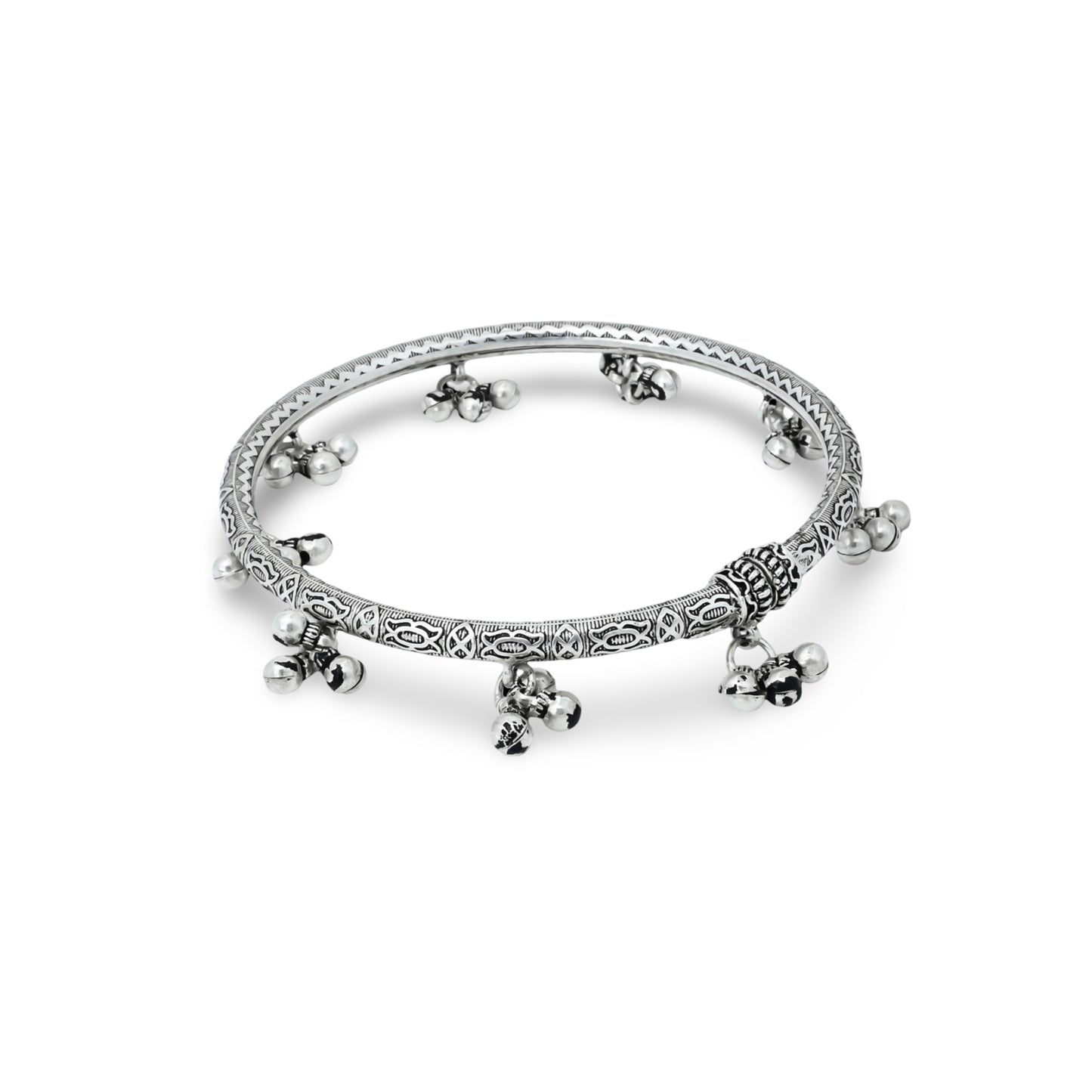 Charming traditional oxidized silver kada payal with ghungroos for a festive look.