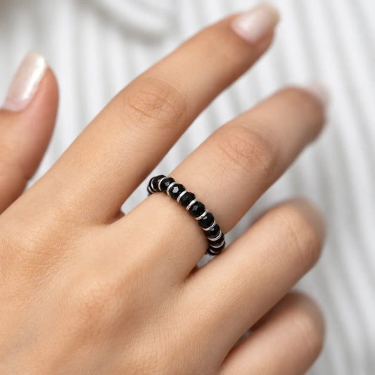 Silver Black Beads Chain Ring