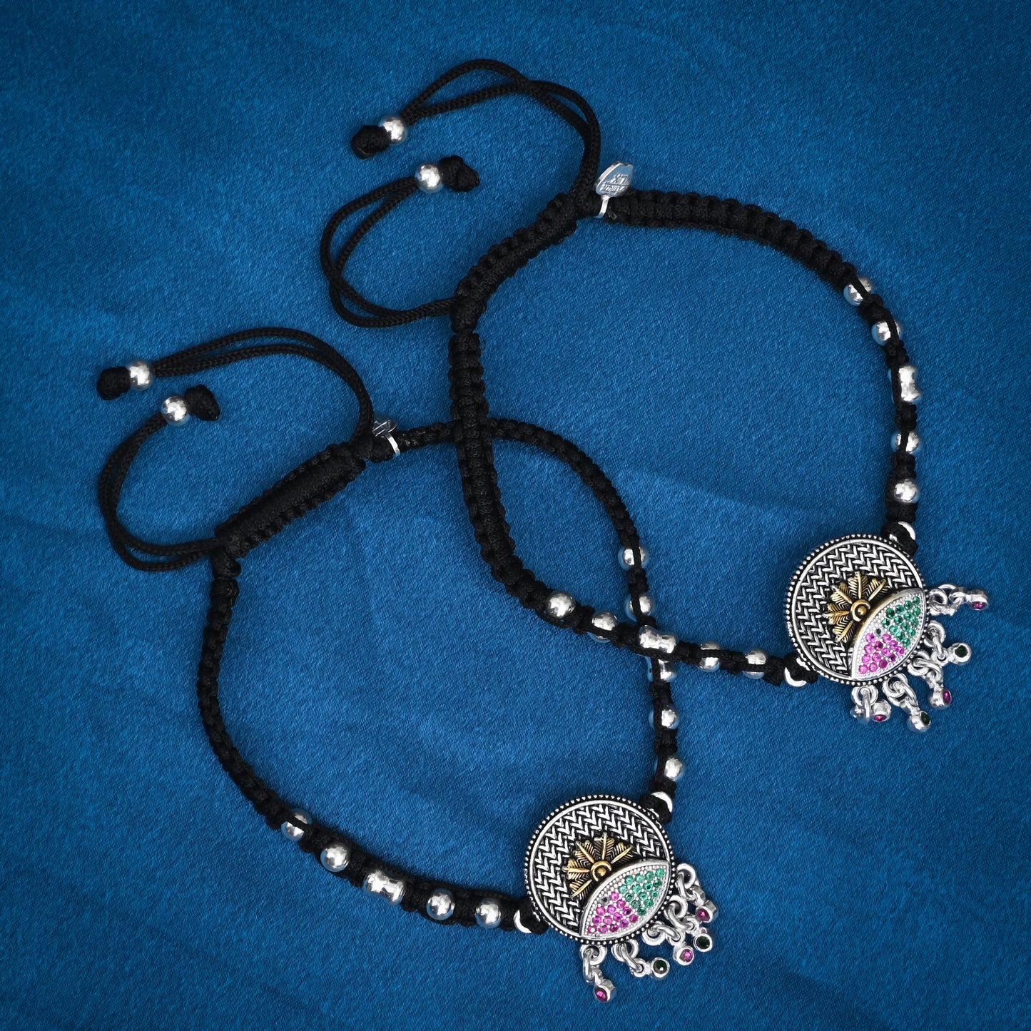 Stylish Silver Dhaga Payal with Multicolor Stones