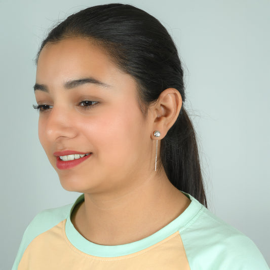 Silver Drop Earrings with Round Bud Design and Sparkling Center Stone