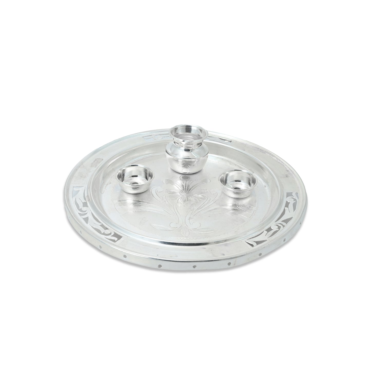 Exquisite handmade silver pooja thali set, perfect for spiritual rituals and worship.