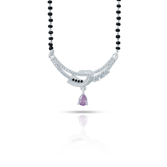Elegant silver mangalsutra with black beads and a striking purple gemstone