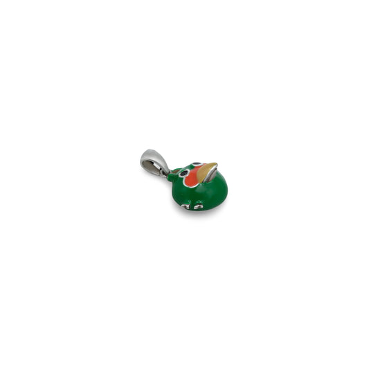 Cute silver pendant with a playful green Angry Bird motif for babies