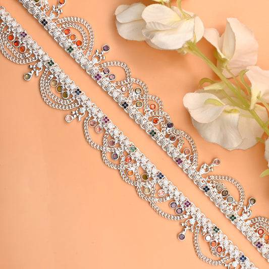 Timeless Heavy Silver Payal with Ghungroo Bells and Colorful Gemstone Detailing.