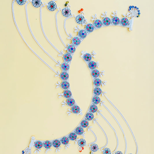 Silver payal featuring pag phool design and vibrant multi-color flower buds.