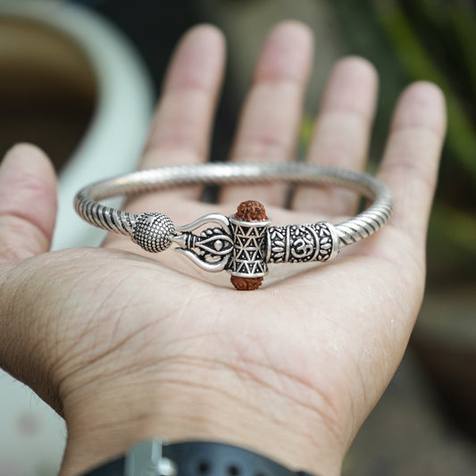 Spiritual Silver Kada with Trishul and Rudraksha