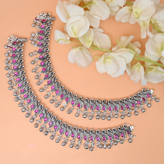 Royal Silver Payal with Peacock Bud Design, Pink Stones, and Ghungroo