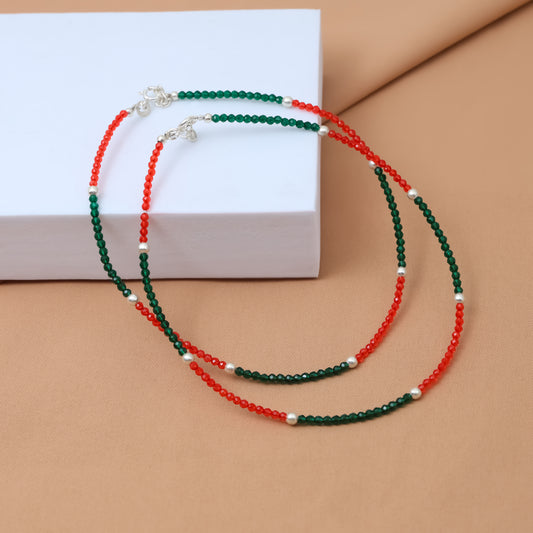 Red Green Beaded Silver Anklet