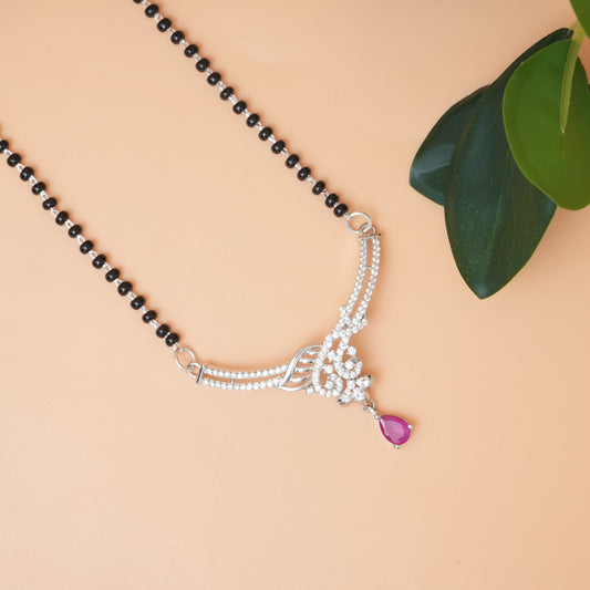 Gorgeous Silver Mangalsutra with Crystal stones-Embellished Pendant and Pink Moti.