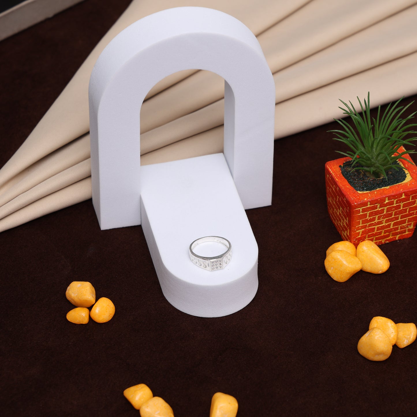 'S' engraved silver ring with stone accent