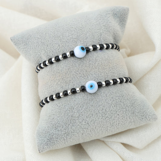 Silver Moti White Evil Eye Charm Bracelet