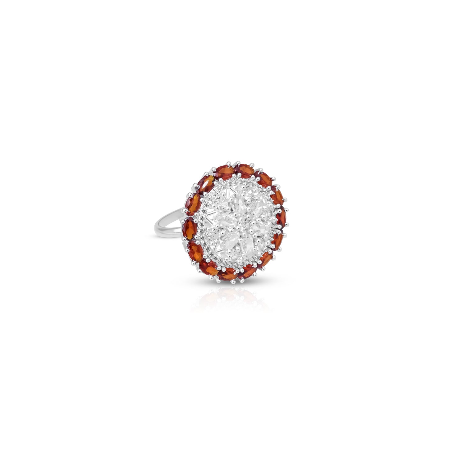 Silver Flower Ring with Orange Gems for Girls & Women.