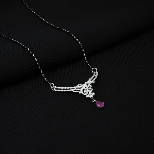 Gorgeous Silver Mangalsutra with Crystal stones-Embellished Pendant and Pink Moti.
