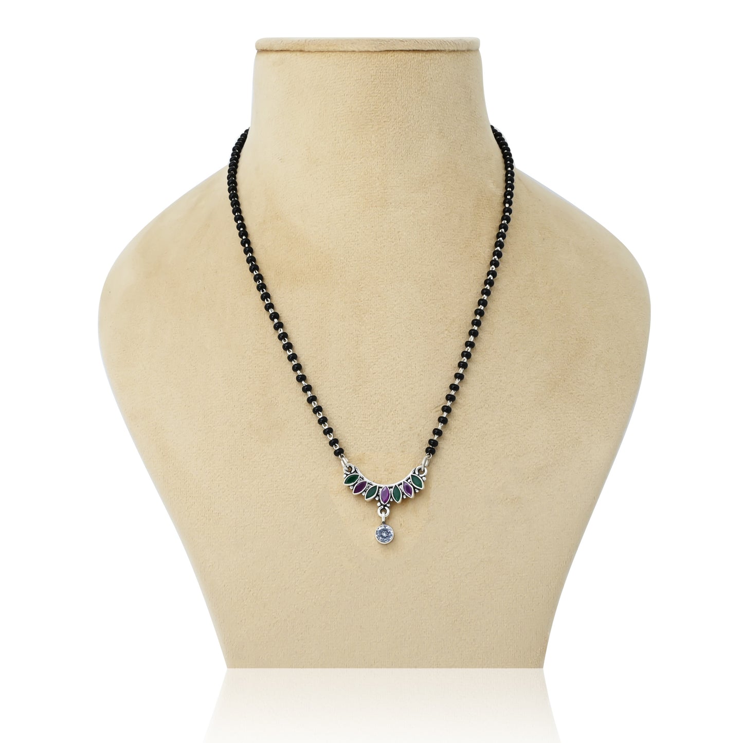 Sterling silver mangalsutra featuring a round green and purple leaf-shaped gemstone design