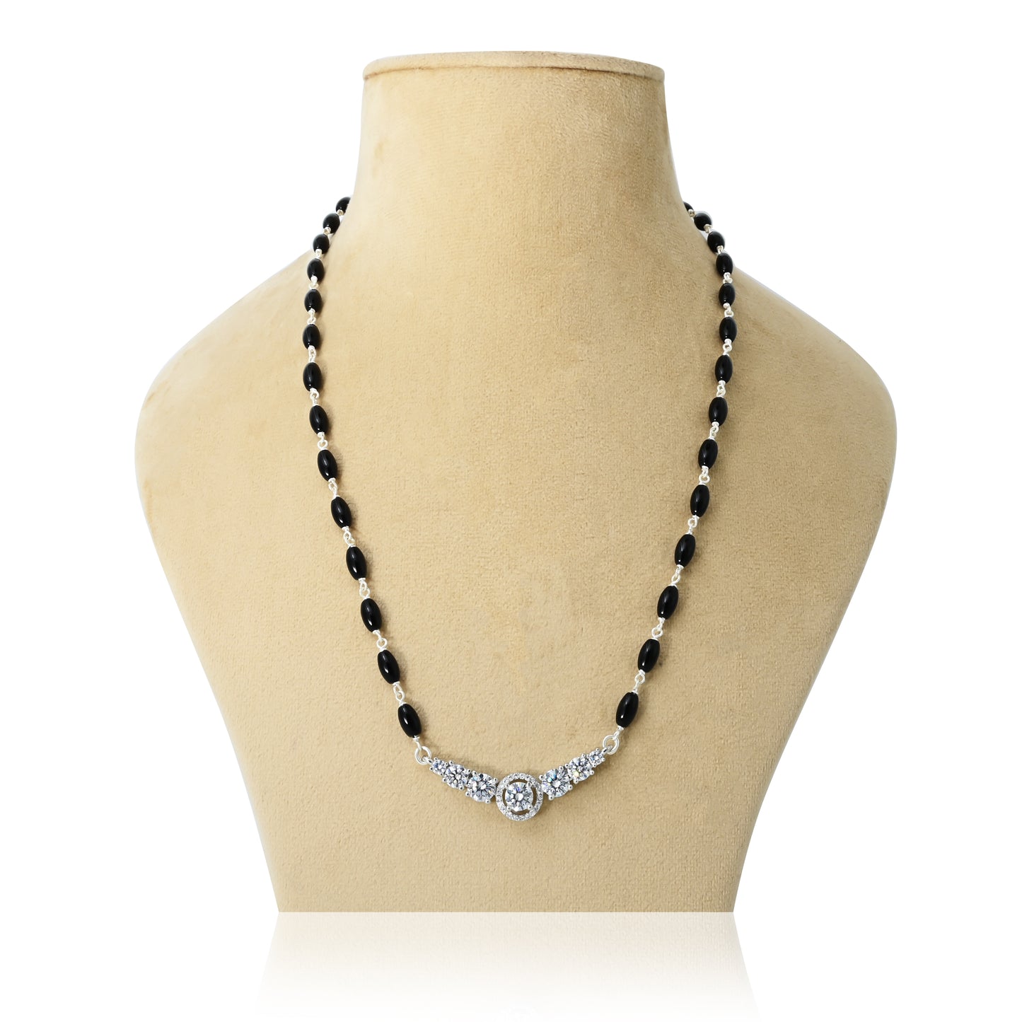 Elegant silver mangalsutra for girls featuring a dazzling CZ gemstone centerpiece