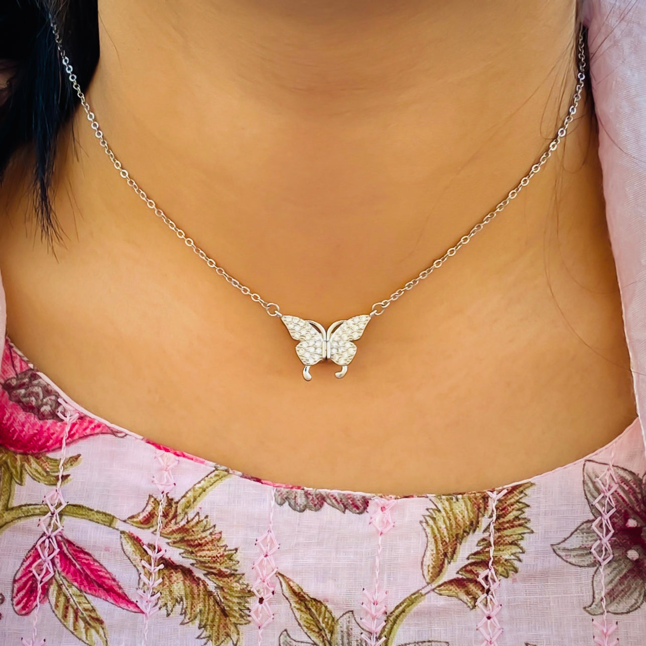 Butterfly Design Sterling Silver Thin Chain Pendant