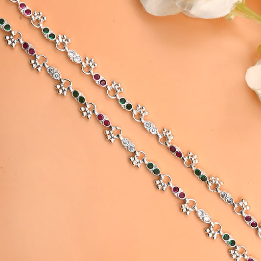 Silver Anklet with Pink and Green Stones & Ghungroo – Elegant Payal for Women.