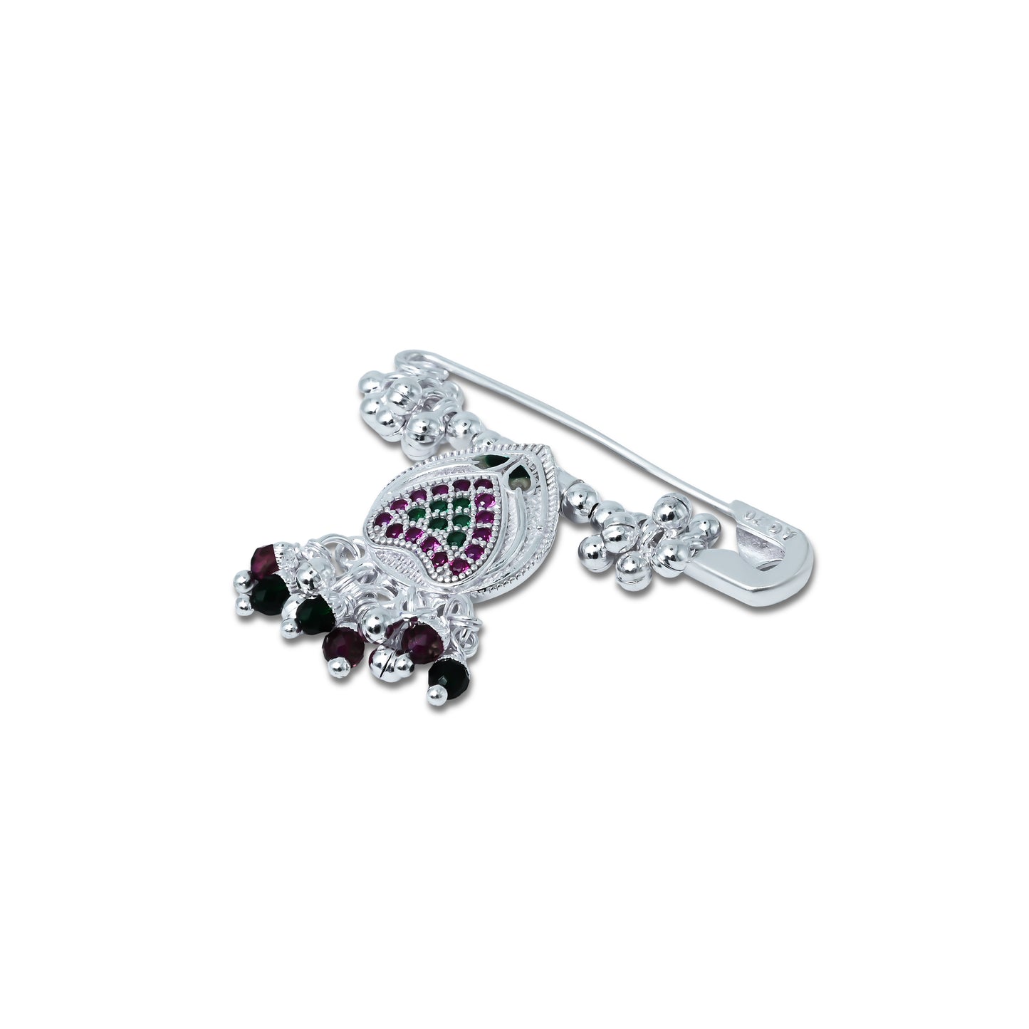 Charming silver saree pin showcasing a heart shape embellished with purple and green stones