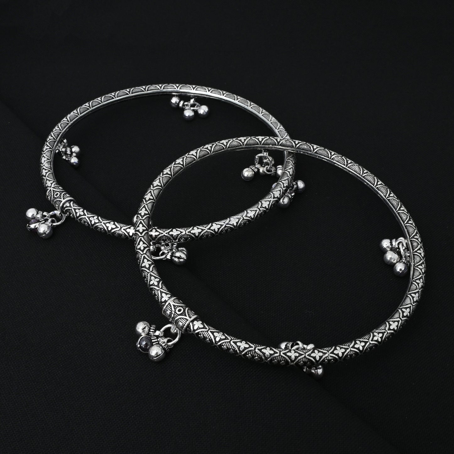 Charming silver girls' kada payal adorned with traditional vintage bells